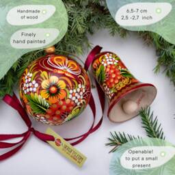 Exclusive Handmade Christmas Ornaments Set Of Wood, Hand Painted Ball 7 cm Openable & Bell 6.5 Decoration Ukrainian - thumbnail 3