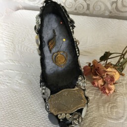 Handmade Button Shoe, Jewelry High Heel. Dresser Accent To Hold Favorites. Fleecy Grey Cushion Insert. Black & White Heel Shoe - thumbnail 3