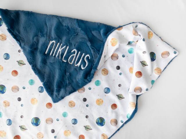 Planets Solar System Personalized Baby Blanket, Shower Gift, Blue Nursery, Boy Outer Space - image 1