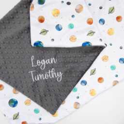 Planets Solar System Personalized Baby Blanket, Shower Gift, Blue Nursery, Boy Outer Space - thumbnail 2