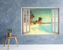 Maldives Beach Vacation View Window 3D Wall Decal Art Removable The Wallpaper Mural Sticker Vinyl Home Decor - thumbnail 1
