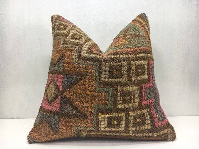 Vintage Turkish Kilim Pillow Cover, Handwoven Sofa Cushion - 16x16 - image 1