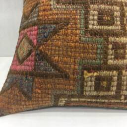 Vintage Turkish Kilim Pillow Cover, Handwoven Sofa Cushion - 16x16 - thumbnail 3