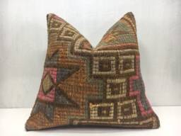 Vintage Turkish Kilim Pillow Cover, Handwoven Sofa Cushion - 16x16 - thumbnail 1