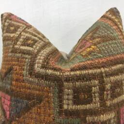 Vintage Turkish Kilim Pillow Cover, Handwoven Sofa Cushion - 16x16 - thumbnail 2