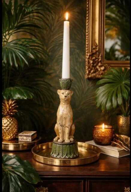 Leopard Candleholder - Resin Cheetah & Green Leaf Animal Candlestick Exotic Dinner Candle Holder 24cm Boho Interiors - image 1