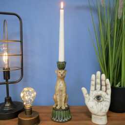 Leopard Candleholder - Resin Cheetah & Green Leaf Animal Candlestick Exotic Dinner Candle Holder 24cm Boho Interiors - thumbnail 2