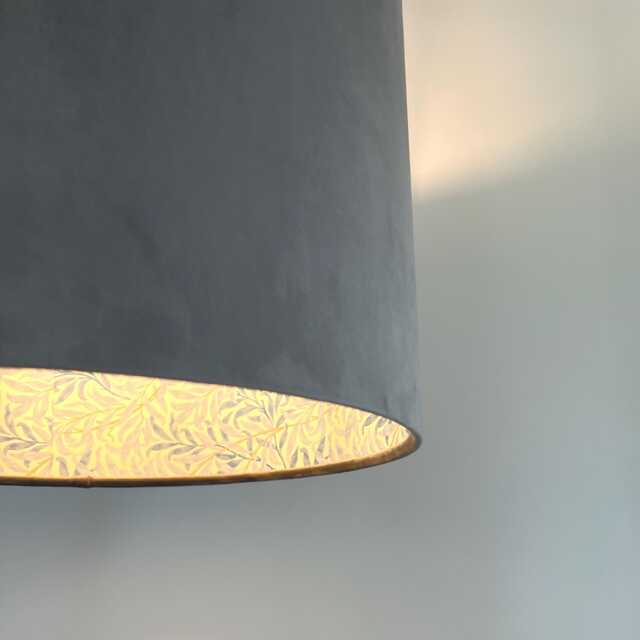 Grey Velvet Drum Lampshade, Double Sided Lampshade With William Morris Blue Willow Cotton Interior, Ceiling Light Shade - image 1