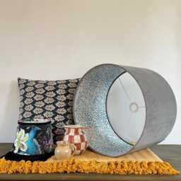 Grey Velvet Drum Lampshade, Double Sided Lampshade With William Morris Blue Willow Cotton Interior, Ceiling Light Shade - thumbnail 2