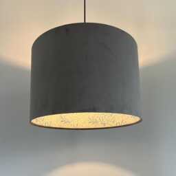 Grey Velvet Drum Lampshade, Double Sided Lampshade With William Morris Blue Willow Cotton Interior, Ceiling Light Shade - thumbnail 3