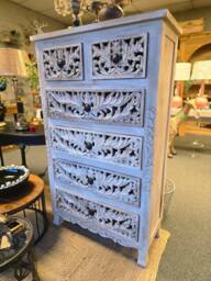 Tall Chest Of Draws Carved Wooden Storage White/Beige/Cream 6 Drawers Shabby Chic Hand