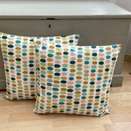 Handmade Polka Dot Linen Cream Teal, Blue, Orange Accent Throw Pillow Sham Cushion Cover - thumbnail 2