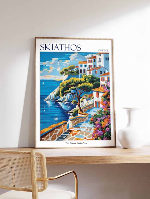 Skiathos Greece Travel Poster Coastal Floral Art Print - image 1