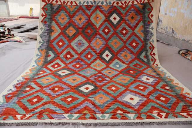 4'2x6'5 Ft Kilim Area Rug, Flatweave Afghan Handmade Wool Carpet, Red Orange Blue Beige , Rugs For Bedroom, Living Room Rug 4x6 - image 1