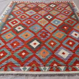4'2x6'5 Ft Kilim Area Rug, Flatweave Afghan Handmade Wool Carpet, Red Orange Blue Beige , Rugs For Bedroom, Living Room Rug 4x6 - thumbnail 3