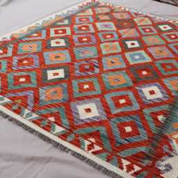 4'2x6'5 Ft Kilim Area Rug, Flatweave Afghan Handmade Wool Carpet, Red Orange Blue Beige , Rugs For Bedroom, Living Room Rug 4x6 - thumbnail 2