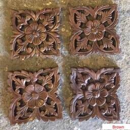 Wood Carved Panels Set Of 4, Mandala Wall Art Hanging, Mounted Wood Panels, White Lotus, Thai Carving, Brown Stain Carving, Teak - thumbnail 4