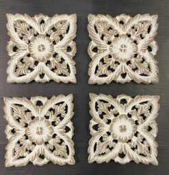 Wood Carved Panels Set Of 4, Mandala Wall Art Hanging, Mounted Wood Panels, White Lotus, Thai Carving, Brown Stain Carving, Teak
