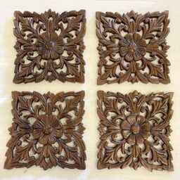 Wood Carved Panels Set Of 4, Mandala Wall Art Hanging, Mounted Wood Panels, White Lotus, Thai Carving, Brown Stain Carving, Teak - thumbnail 3