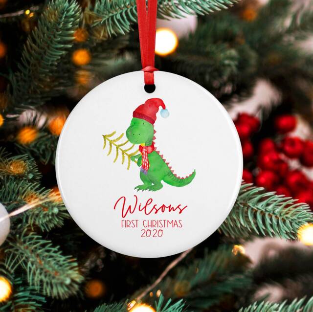 Dinosaur Baby First Christmas Ornament, Personalized T Rex Boy Holiday Ornament - image 1