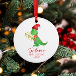 Dinosaur Baby First Christmas Ornament, Personalized T Rex Boy Holiday Ornament - thumbnail 1