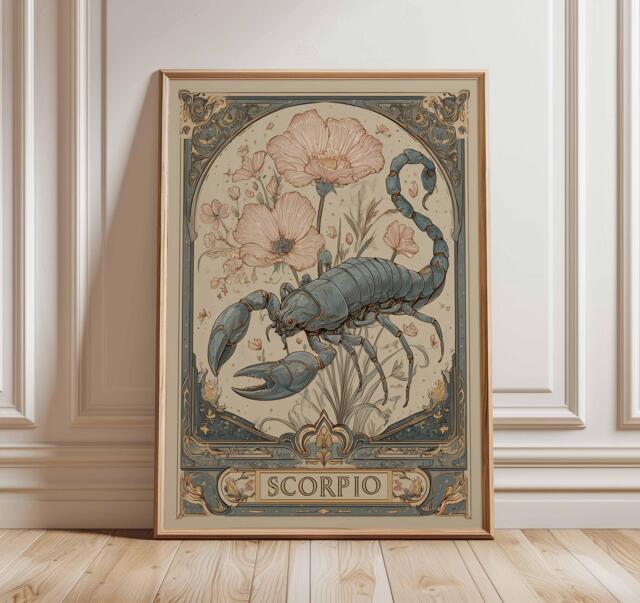 Scorpio Zodiac Poster, Astrology Wall Art Print, Vintage Horoscope Artwork, Star Sign Decor, Mystical Boho Gift
