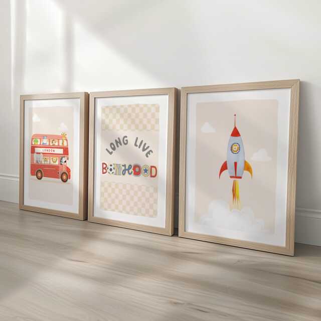 Long Live Boyhood Print Set - Red Bus, Rocket & Checkerboard Wall Art Boys Retro Playroom Prints, Kids Room Decor With Optional Frames - image 1
