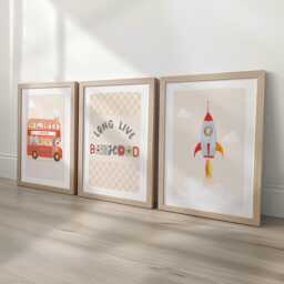 Long Live Boyhood Print Set - Red Bus, Rocket & Checkerboard Wall Art Boys Retro Playroom Prints, Kids Room Decor With Optional Frames - thumbnail 1