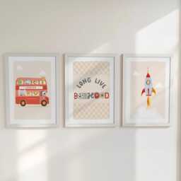Long Live Boyhood Print Set - Red Bus, Rocket & Checkerboard Wall Art Boys Retro Playroom Prints, Kids Room Decor With Optional Frames - thumbnail 2