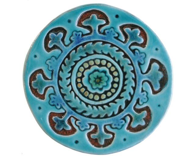 Wall Decor With Suzani Design For Lounge, Ceramic Tile, Hanging Exterior Decor, Floral Design, #1 Circular 15cm Turquoise - image 1