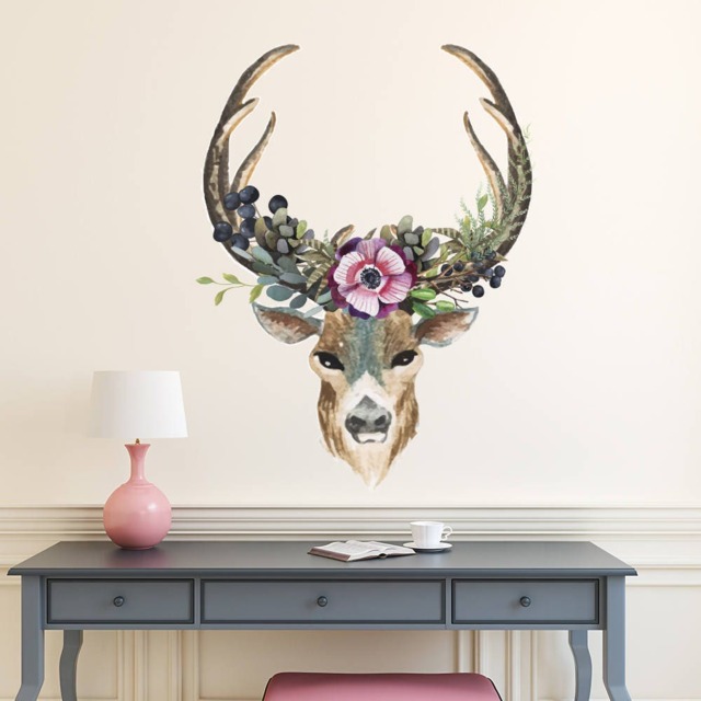Floral Deer Head Wall Decal, Rustic Boho Nursery Decor Ma277 - image 1