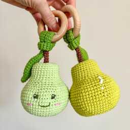 Pear Baby Rattle, Handmade Crochet Toy, Montessori Inspired Sensory Fruit Plush Newborn Gift, Shower Gift - thumbnail 2