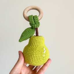 Pear Baby Rattle, Handmade Crochet Toy, Montessori Inspired Sensory Fruit Plush Newborn Gift, Shower Gift