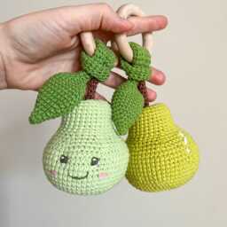 Pear Baby Rattle, Handmade Crochet Toy, Montessori Inspired Sensory Fruit Plush Newborn Gift, Shower Gift - thumbnail 3
