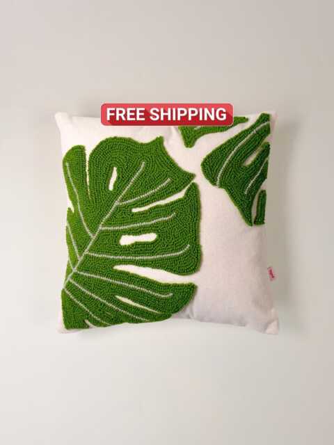Monstera Leaf Punch Needle Pillow Cover Green Botanical Linen Cushion - 42x42 cm - image 1
