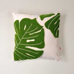 Monstera Leaf Punch Needle Pillow Cover Green Botanical Linen Cushion - 42x42 cm - thumbnail 2