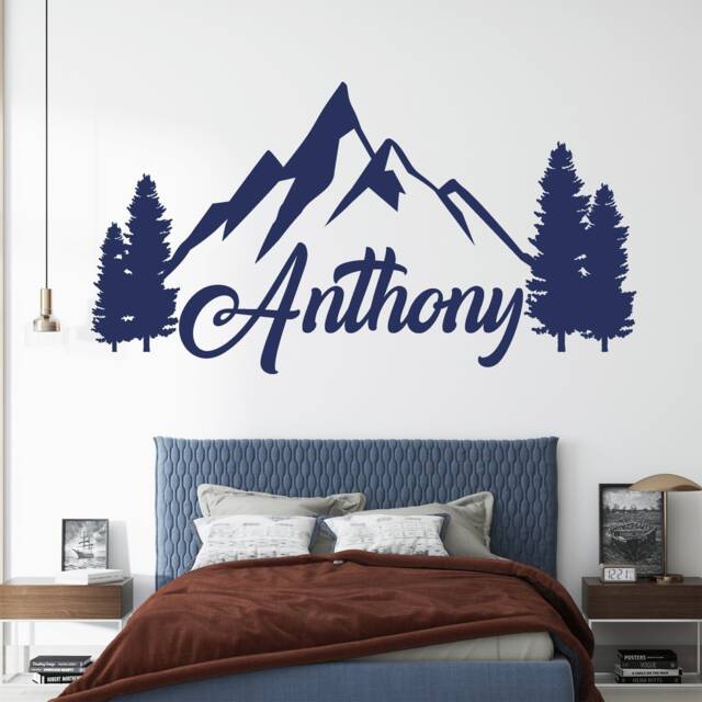 Boy Name Mountain & Forest Vinyl Wall Decal Kids Woodland Theme Sticker Nursery Decor - image 1