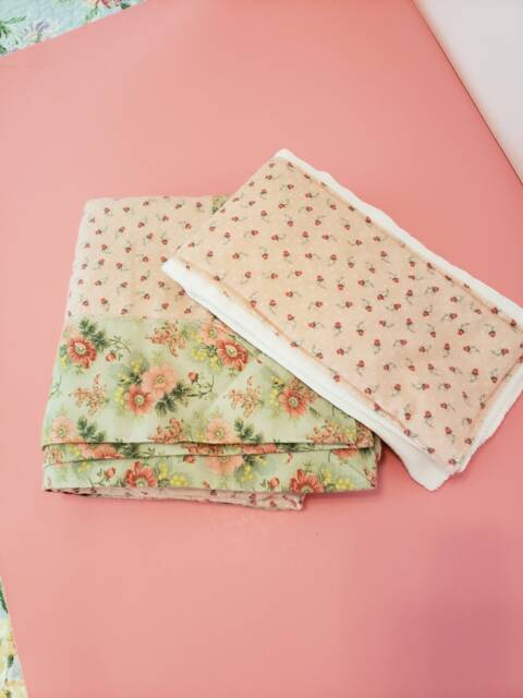 Shabby Chic Flannel Baby Blanket & Burp Cloth Pink Floral Mint Sage Fabric Square Receiving - image 1