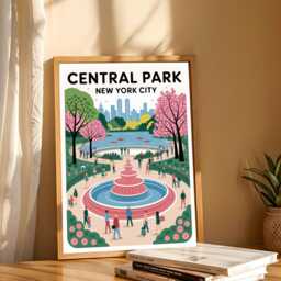 Central Park New York Print, Bethesda Fountain Art, Nyc Cherry Blossom Vintage Style Travel Poster - thumbnail 2