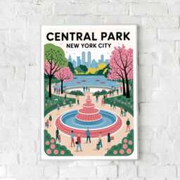 Central Park New York Print, Bethesda Fountain Art, Nyc Cherry Blossom Vintage Style Travel Poster - thumbnail 3
