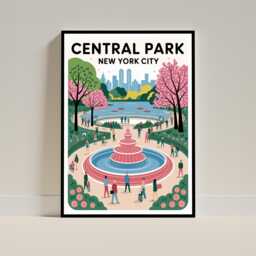 Central Park New York Print, Bethesda Fountain Art, Nyc Cherry Blossom Vintage Style Travel Poster - thumbnail 1