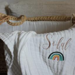 White Rainbow Baby Blanket Embroidered Cotton Gauze Personalized With Rainbow - thumbnail 3