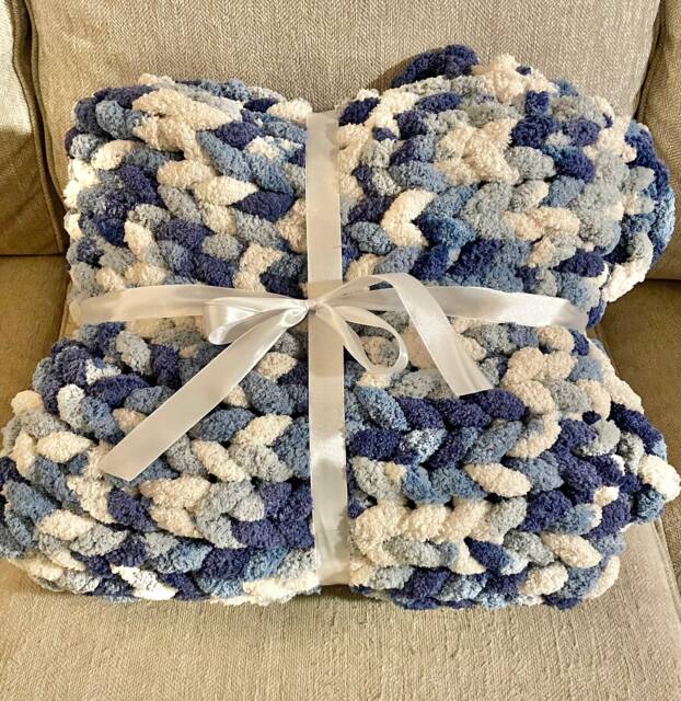 Handmade Blue Multicolor Chunky Knit Blanket Soft Chenille Throw - image 1