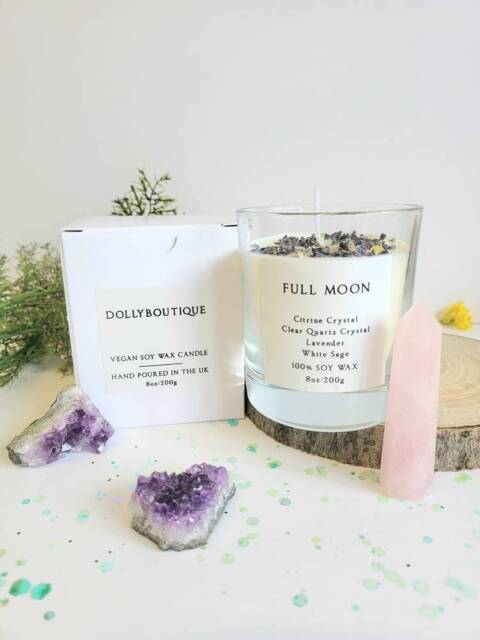 Full Moon Crystal Rose Chakra Candle Citrine Clear Crystal Quartz 8Oz Vegan Cruelty Free Soy Positive Vibes - image 1