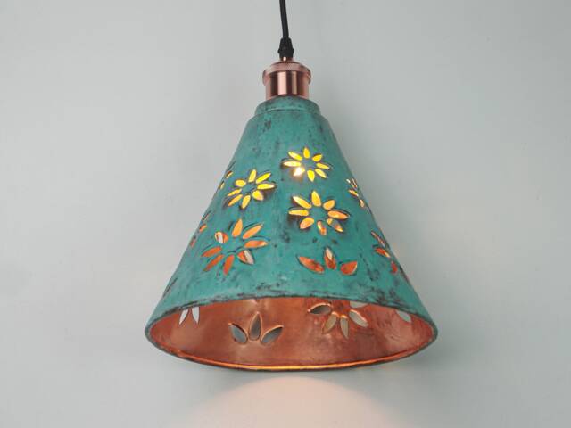 Handcrafted Copper Cone Lampshade - Patio Pendant Light, Green Patina Finish - image 1