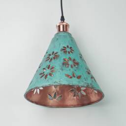 Handcrafted Copper Cone Lampshade - Patio Pendant Light, Green Patina Finish - thumbnail 2