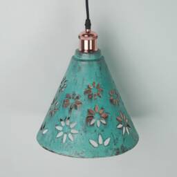 Handcrafted Copper Cone Lampshade - Patio Pendant Light, Green Patina Finish - thumbnail 3