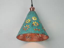 Handcrafted Copper Cone Lampshade - Patio Pendant Light, Green Patina Finish - thumbnail 1