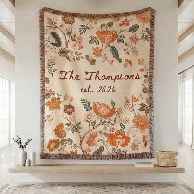 Personalized Family Name Woven Blanket, Custom Throw Blanket With Last Name, Boho Floral Anniversary Gift - image 1