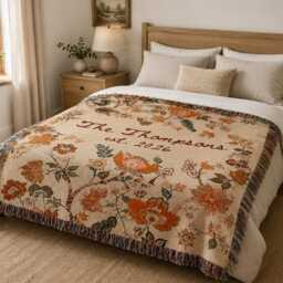 Personalized Family Name Woven Blanket, Custom Throw Blanket With Last Name, Boho Floral Anniversary Gift - thumbnail 2